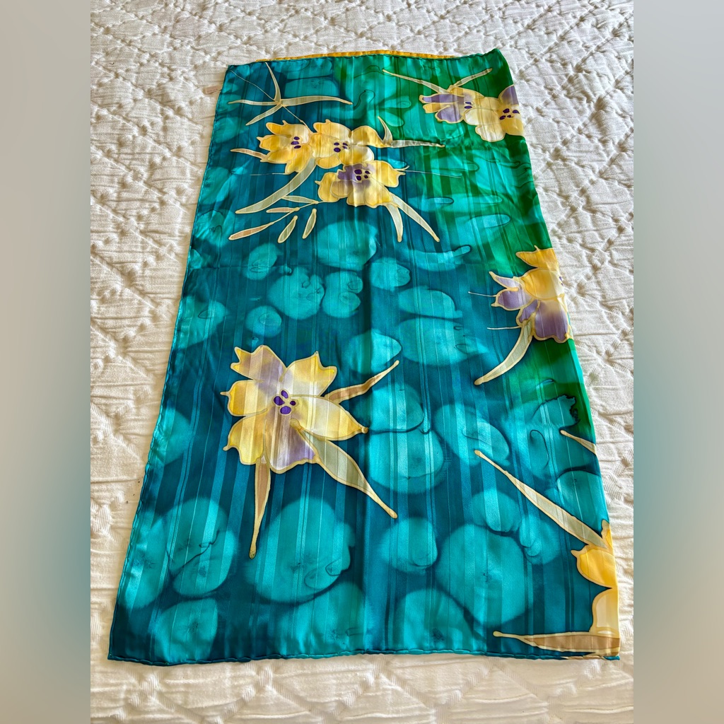 Hand-Painted, Hand Rolled 100% Silk Scarf Tropical, Floral, Luxury 34”X34”